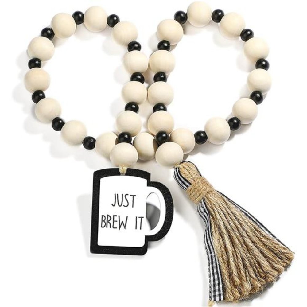 Coffee Bar Tiered Tray Decor Coffee Wood Bead Garland with Tassel Rustic Decor